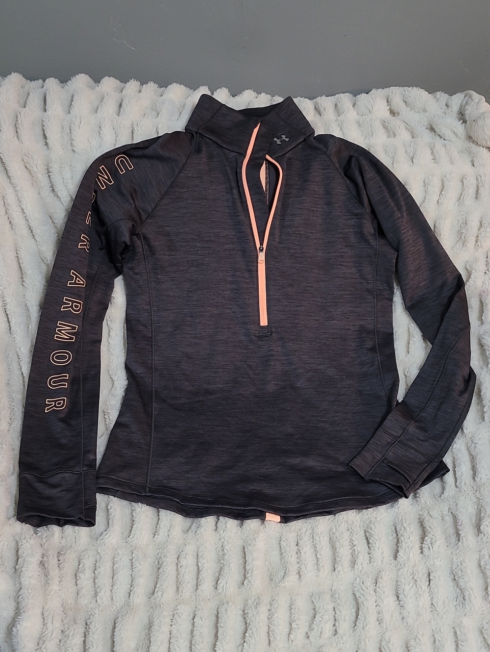 Women's Black Heather Half-Zip Pullover with Coral Accents Thumbholes On Sleeve